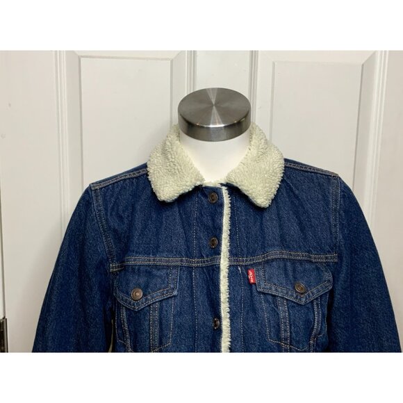 Levi Strauss & Co Dark Wash Faux Shearling Snap Button Up Jean Jacket Size M - Picture 2 of 11